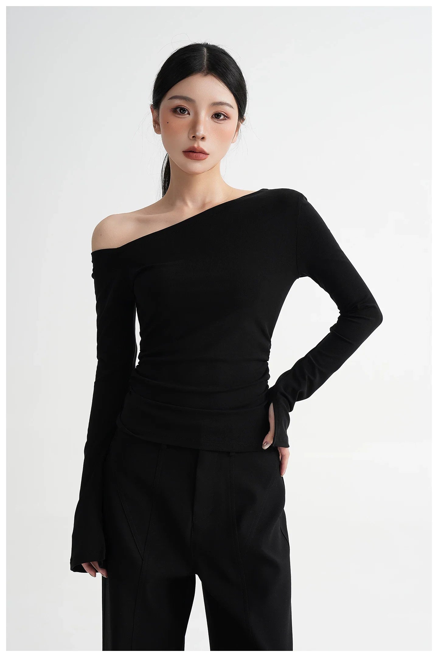 One-Shoulder Lyocell Flared Sleeve Fitted T-Shirt