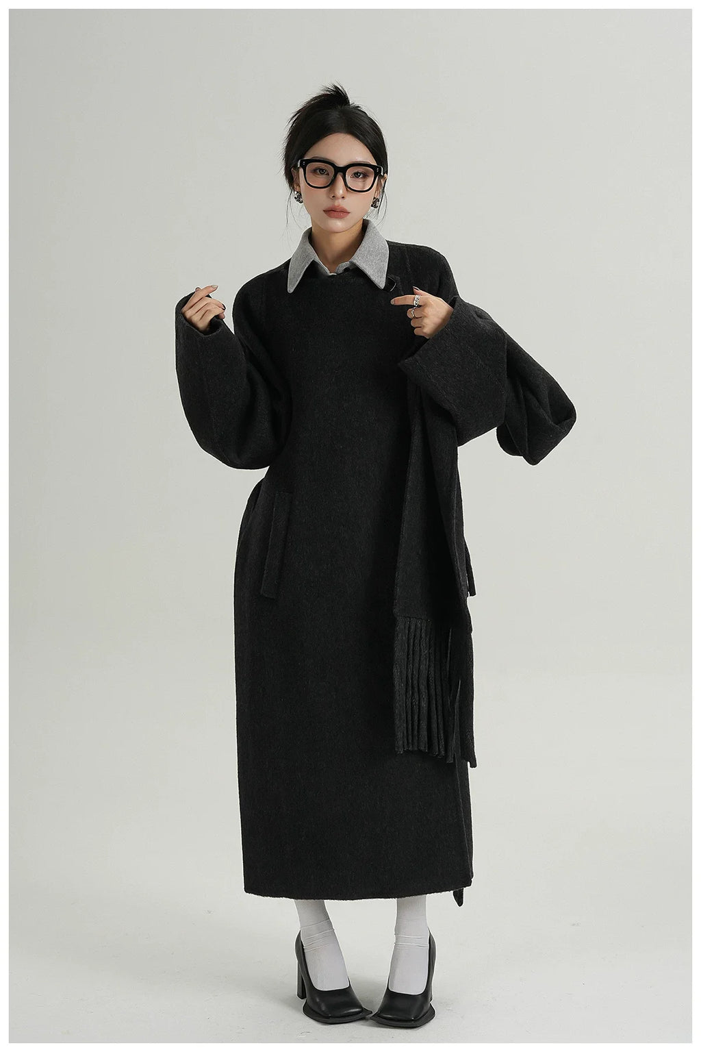 Fringe-Detail Wool Scarf-Style Long Coat