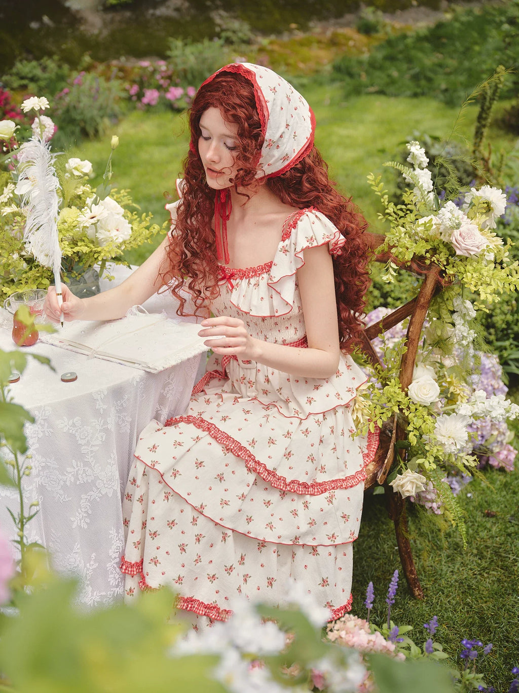 French Pastoral Floral Tiered Maxi Dress