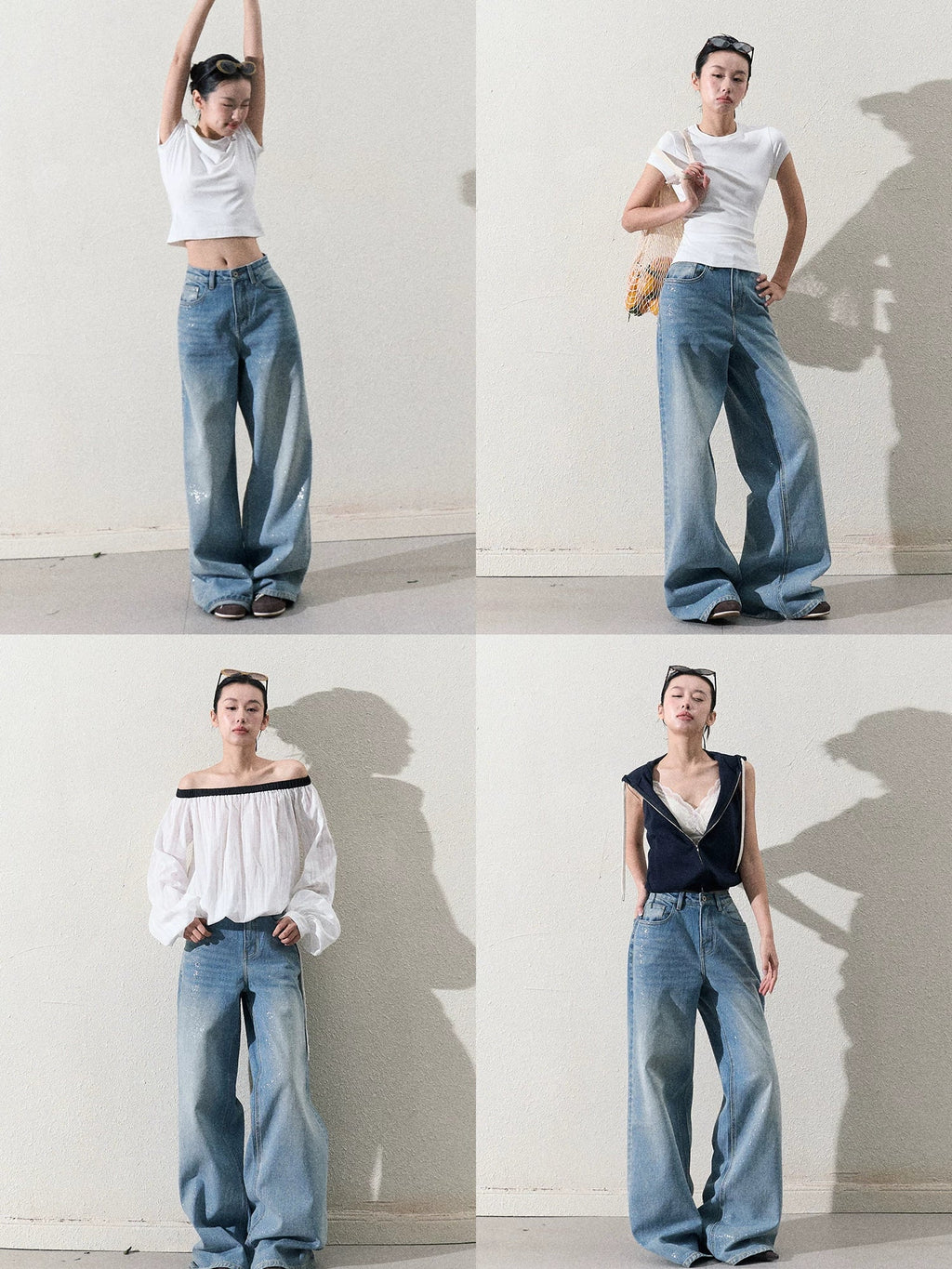 Cotton Silver-Splatter Wide-Leg Jeans