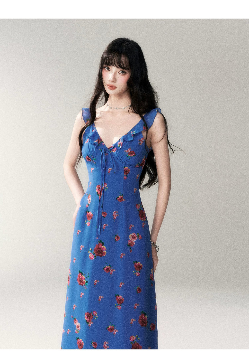 Blue Rose V-Neck Resort Maxi Dress