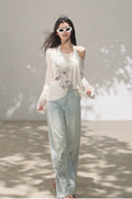 Bohemian Cut-Out Embroidered Wide-Leg Denim Trousers