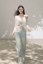 Bohemian Cut-Out Embroidered Wide-Leg Denim Trousers