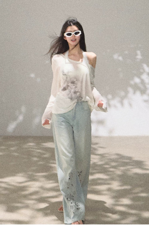 Bohemian Cut-Out Embroidered Wide-Leg Denim Trousers