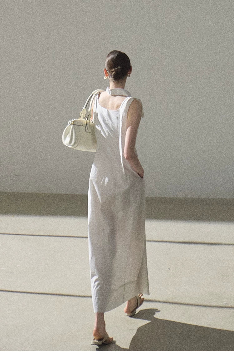 Halterneck Cotton Cinched-Waist Maxi Dress