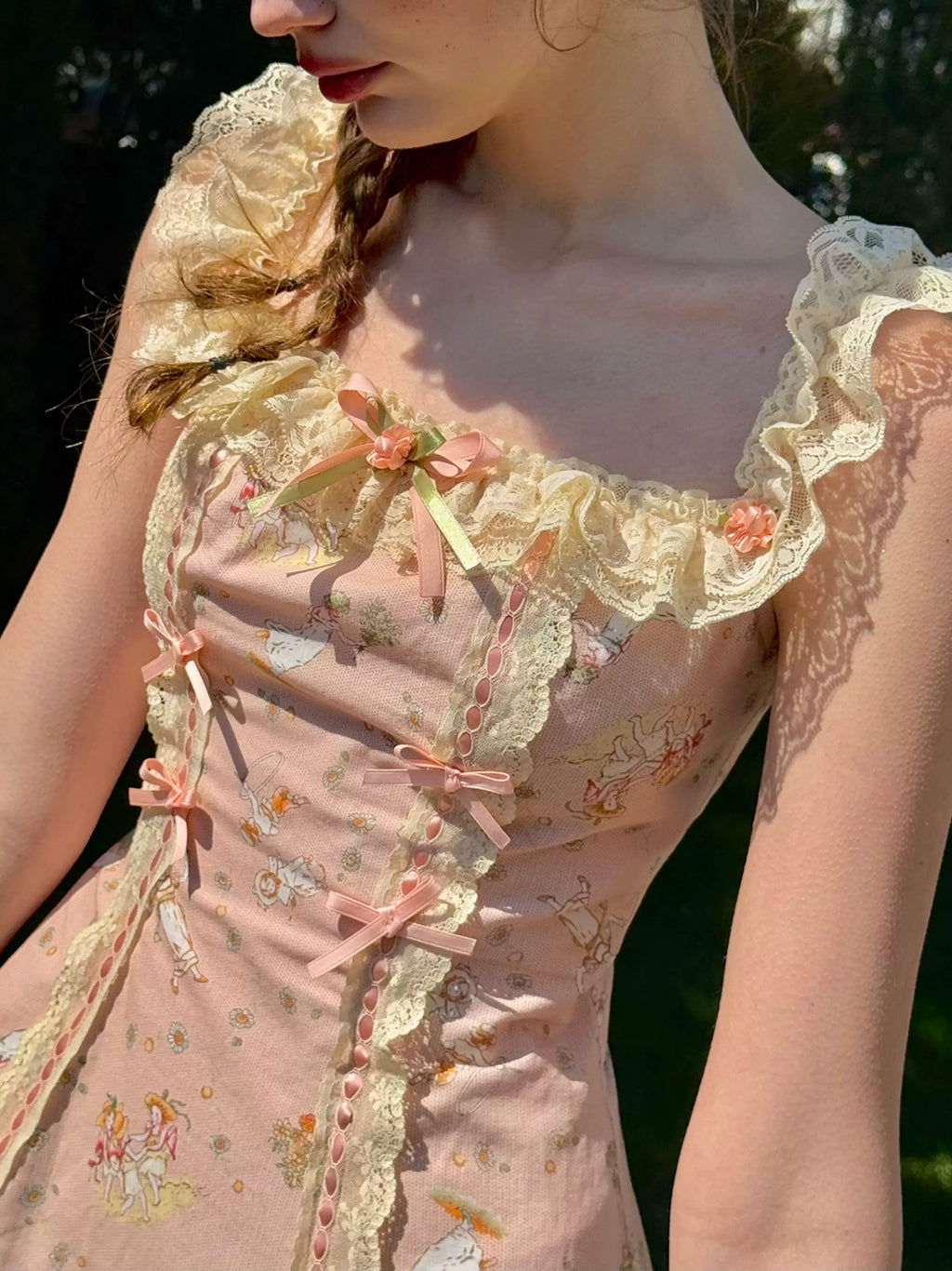 Vintage Pastoral Printed Lace Slip Dress