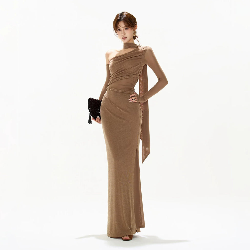 One-Shoulder Mesh Cut-Out Maxi Dress