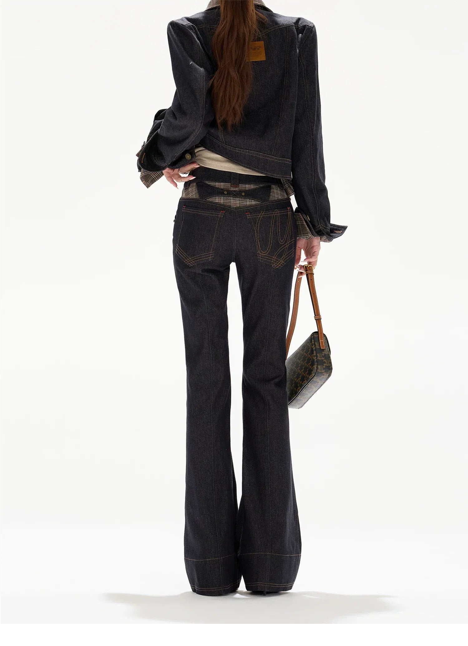 Plaid Mid-Rise Flared Wide-Leg Jeans