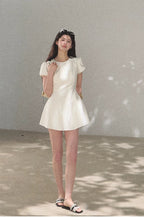 Detachable Crocheted Peter Pan Collar Cinched-Waist Mini Dress
