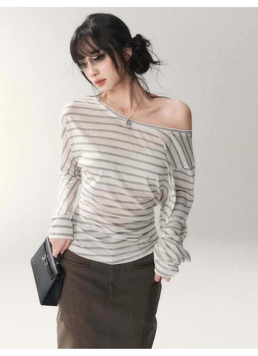 Asymmetric Off-Shoulder Striped Tencel Slim-Fit Long Sleeve Top