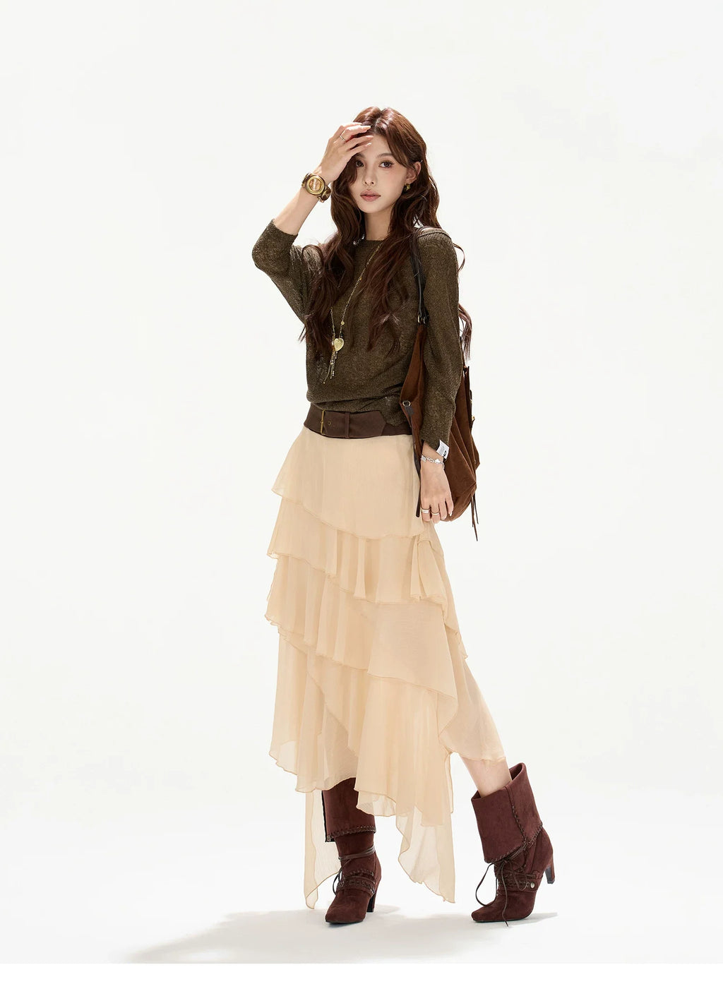 Faux-Belt Tiered Chiffon Maxi Skirt