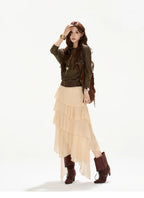 Faux-Belt Tiered Chiffon Maxi Skirt