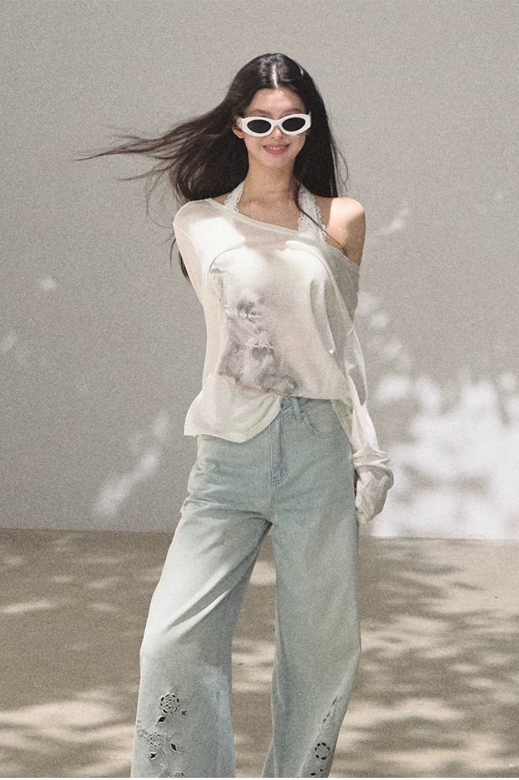 Bohemian Cut-Out Embroidered Wide-Leg Denim Trousers