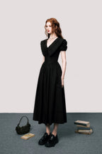 Puff-Sleeve Waist-Defined Maxi Dress