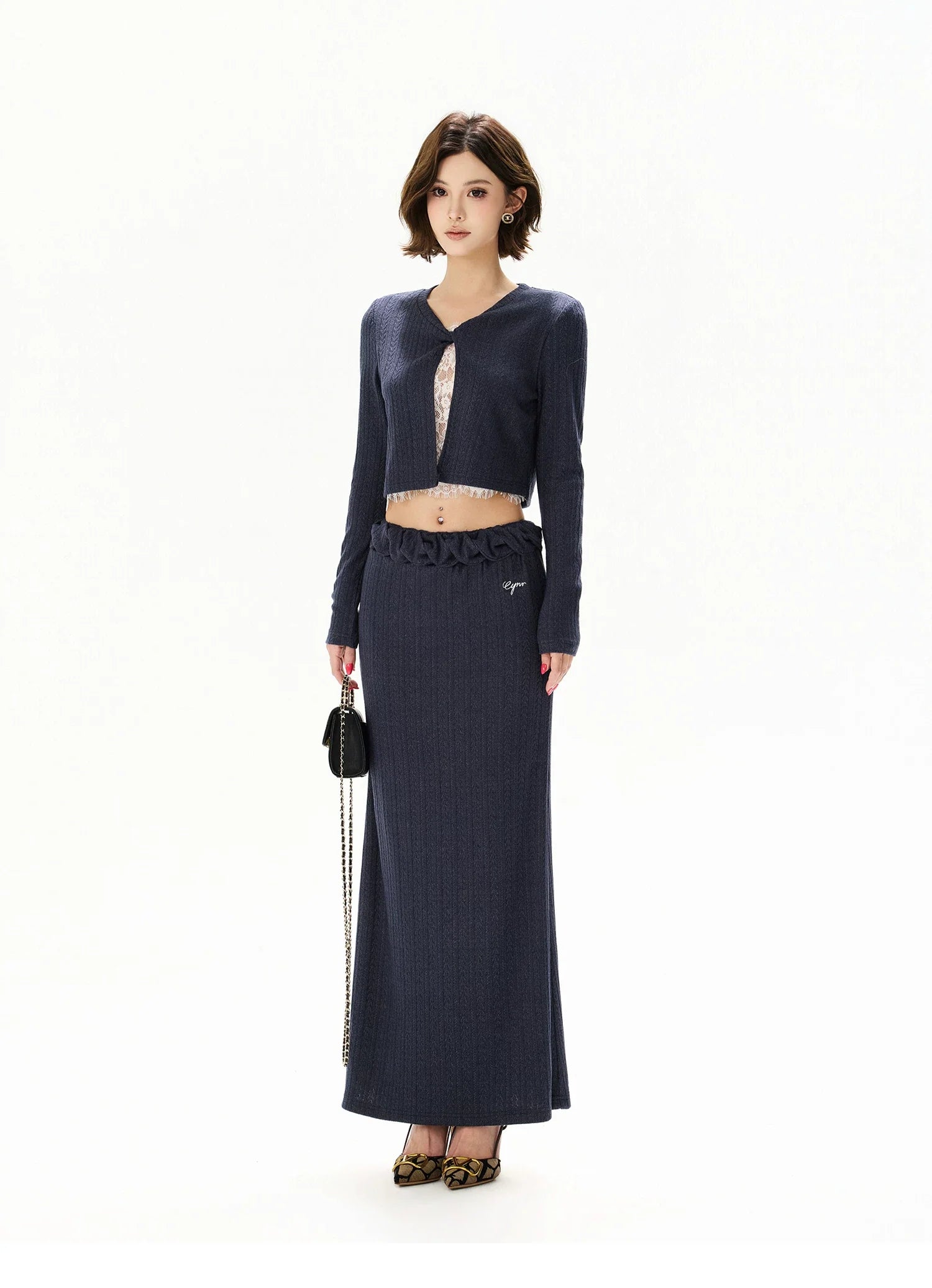 Navy Lace Panel Two-Piece Knit Set