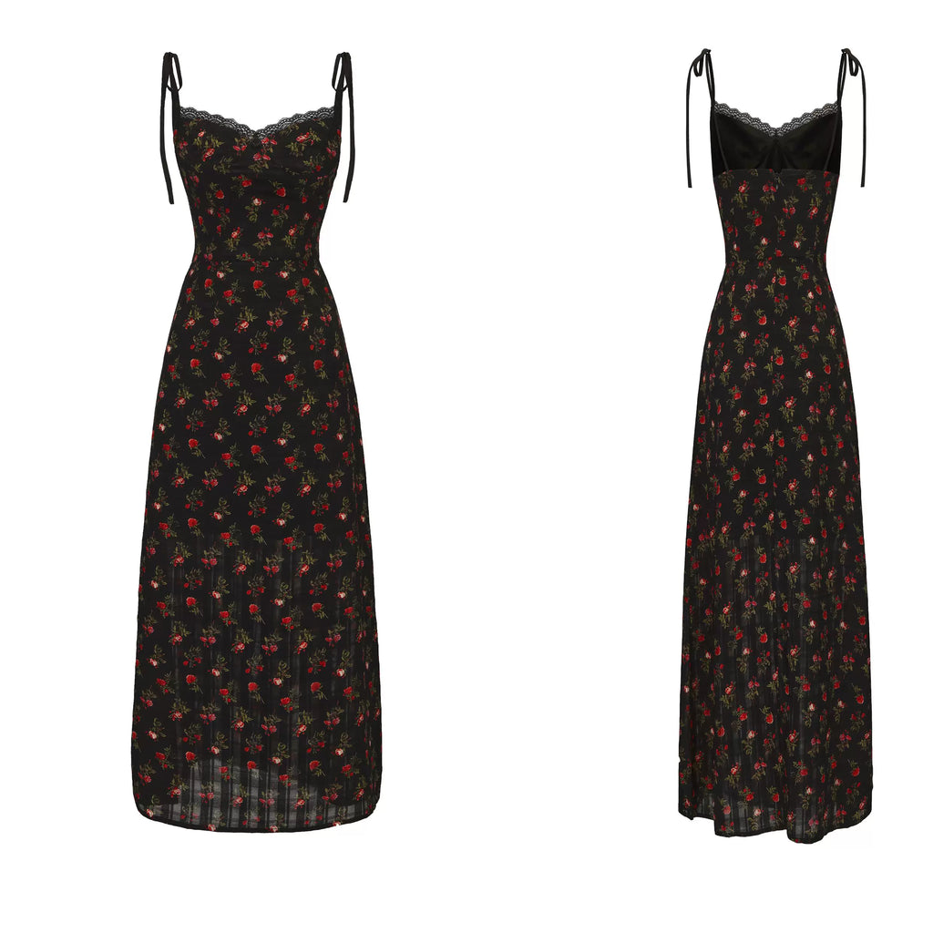 Vintage Floral Tie-Waist A-Line Maxi Dress