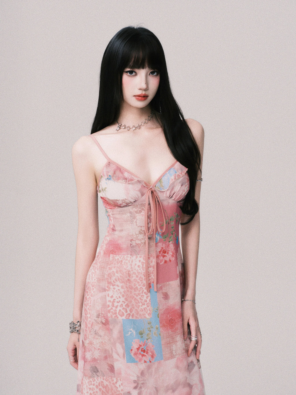 Floral V-Neck Spliced Print Slip Dress