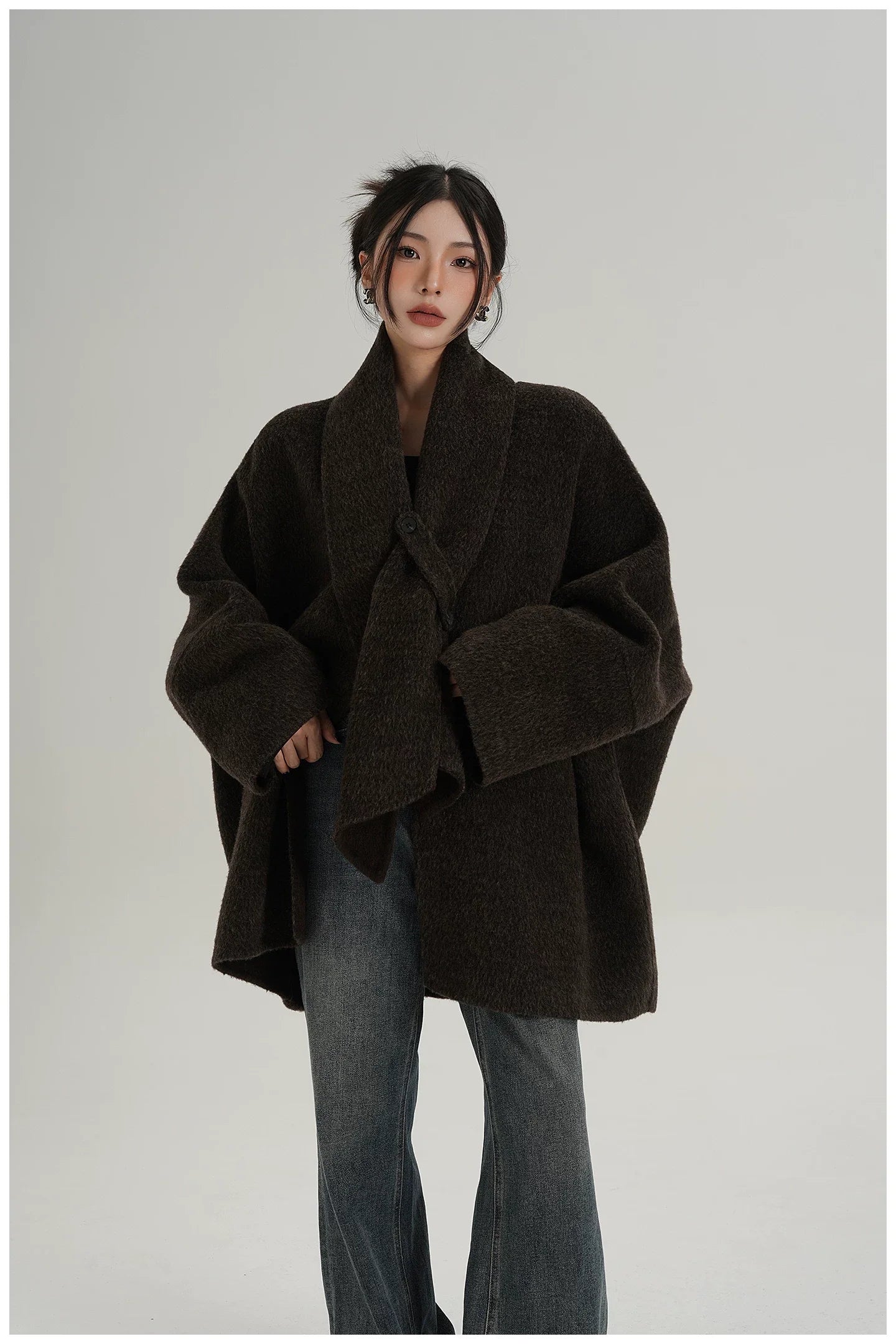 Scarf-Detail Mid-Length Wool Jacket