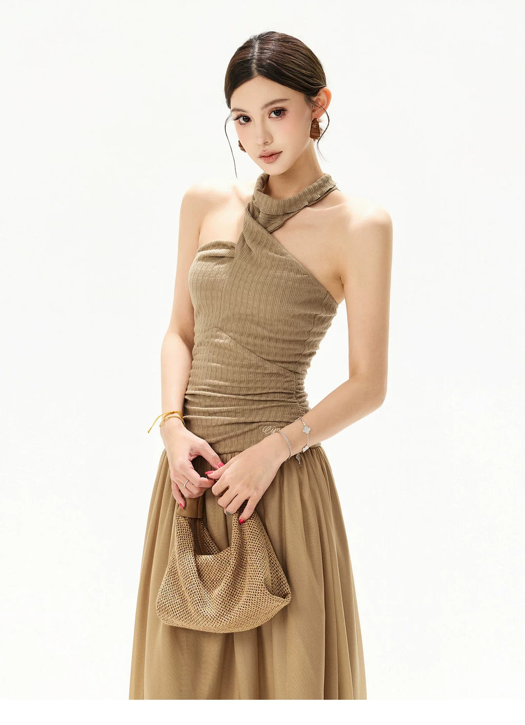 French Court Halter Draped Knit Maxi Dress