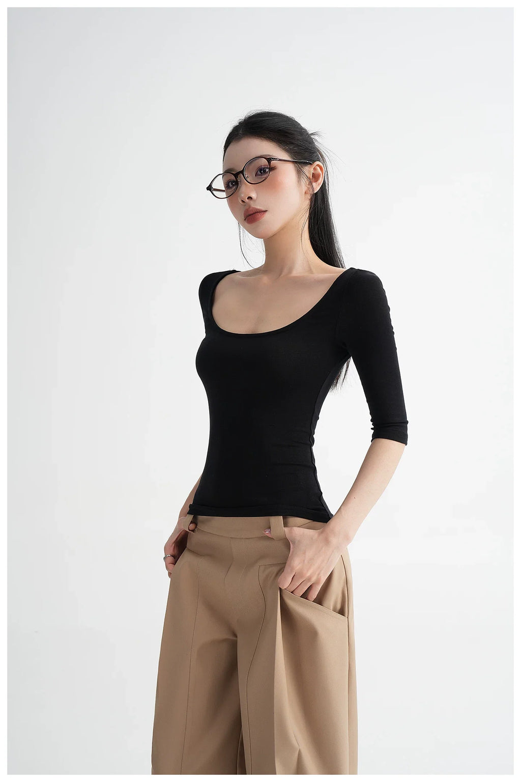 Lyocell Open-Back Fitted Mid-Sleeve T-Shirt
