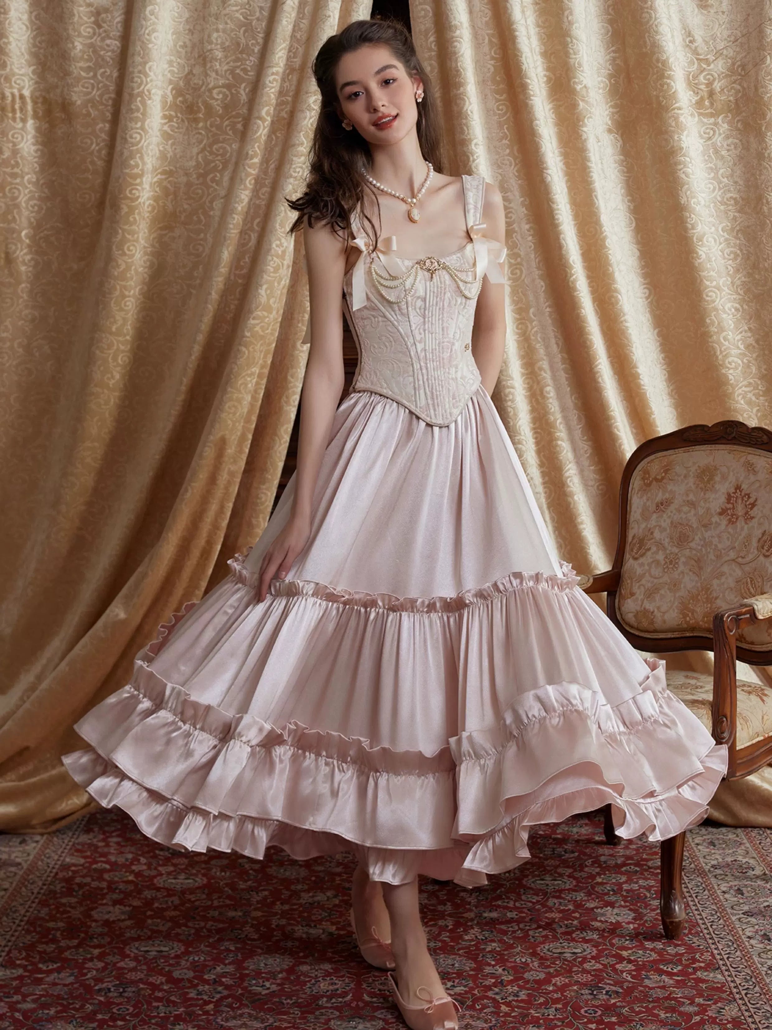 Jacquard Corset Top & Satin Ruffle Skirt Set
