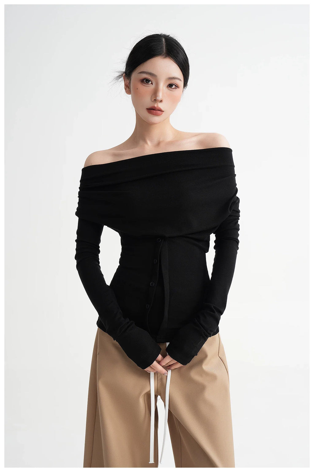 Neck Off-Shoulder Fitted Long Sleeve T-Shirt