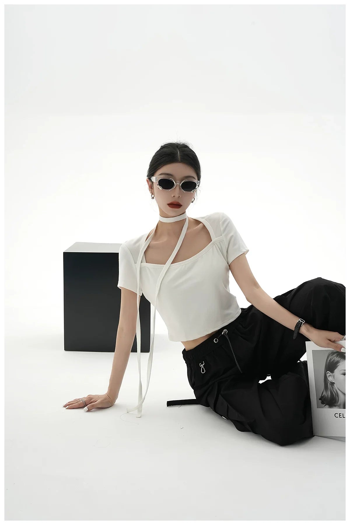 Tie-Detail Square-Neck Cropped T-Shirt
