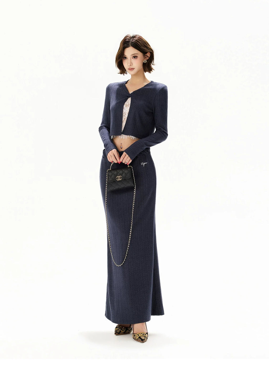 Navy Lace Panel Two-Piece Knit Set