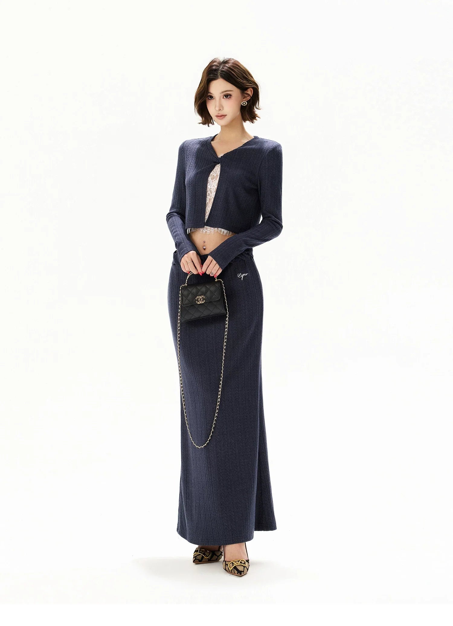 Navy Lace Panel Two-Piece Knit Set