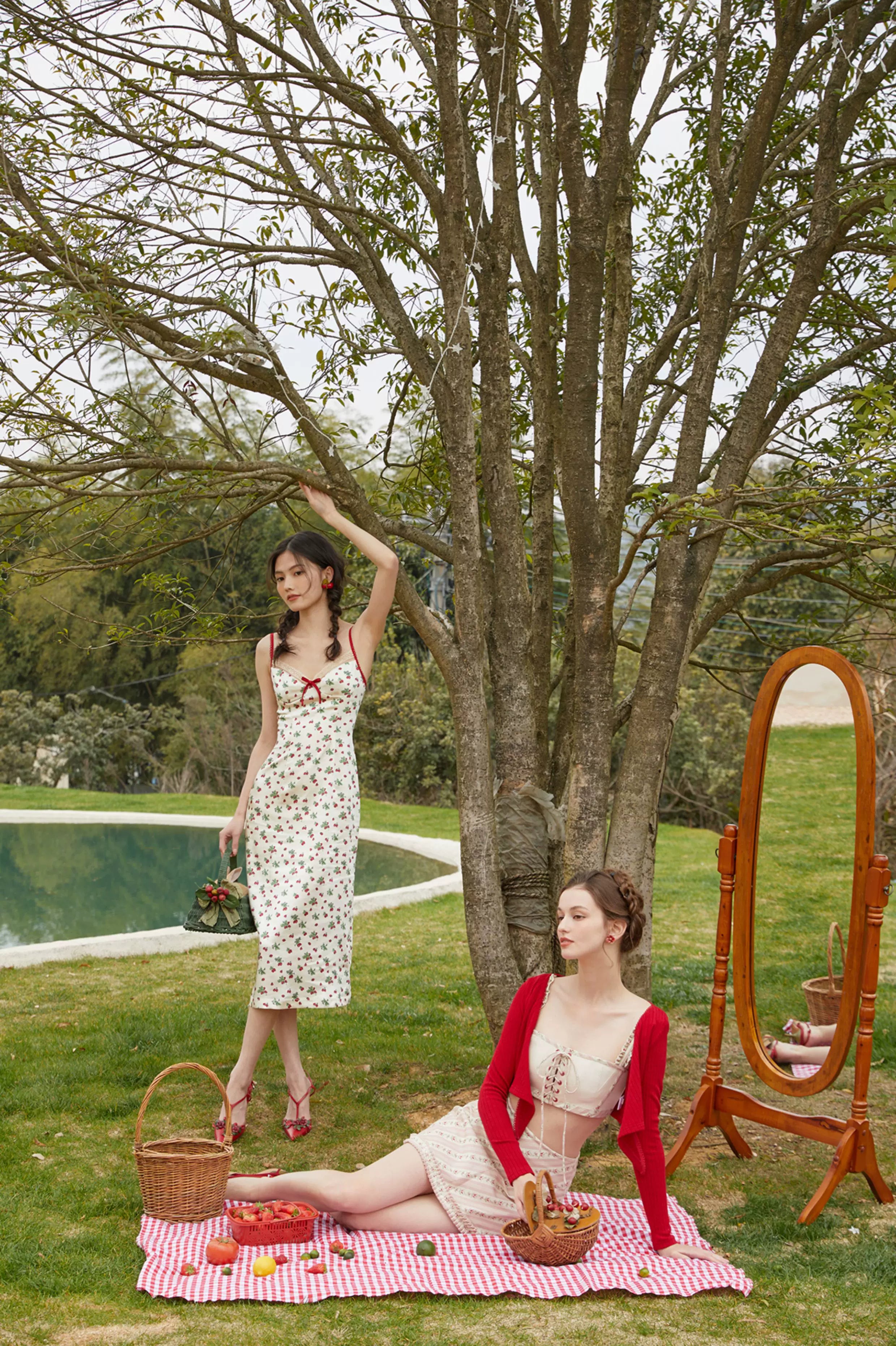 Vintage Satin Floral Slip Dress & Cardigan Set