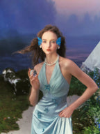 French Resort Halter Blue Floral Satin Dress
