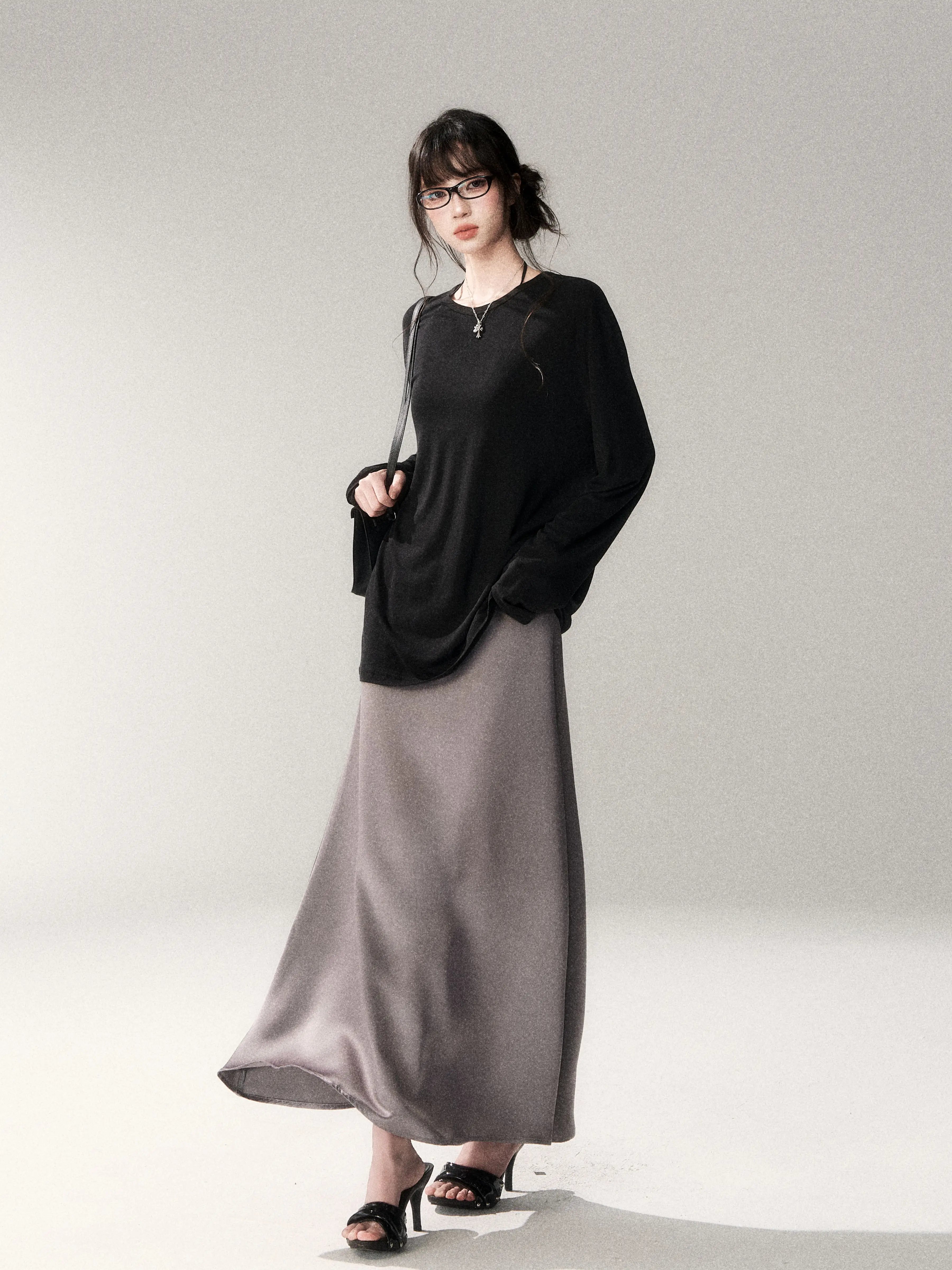 French Satin Acetate A-Line Midi Skirt