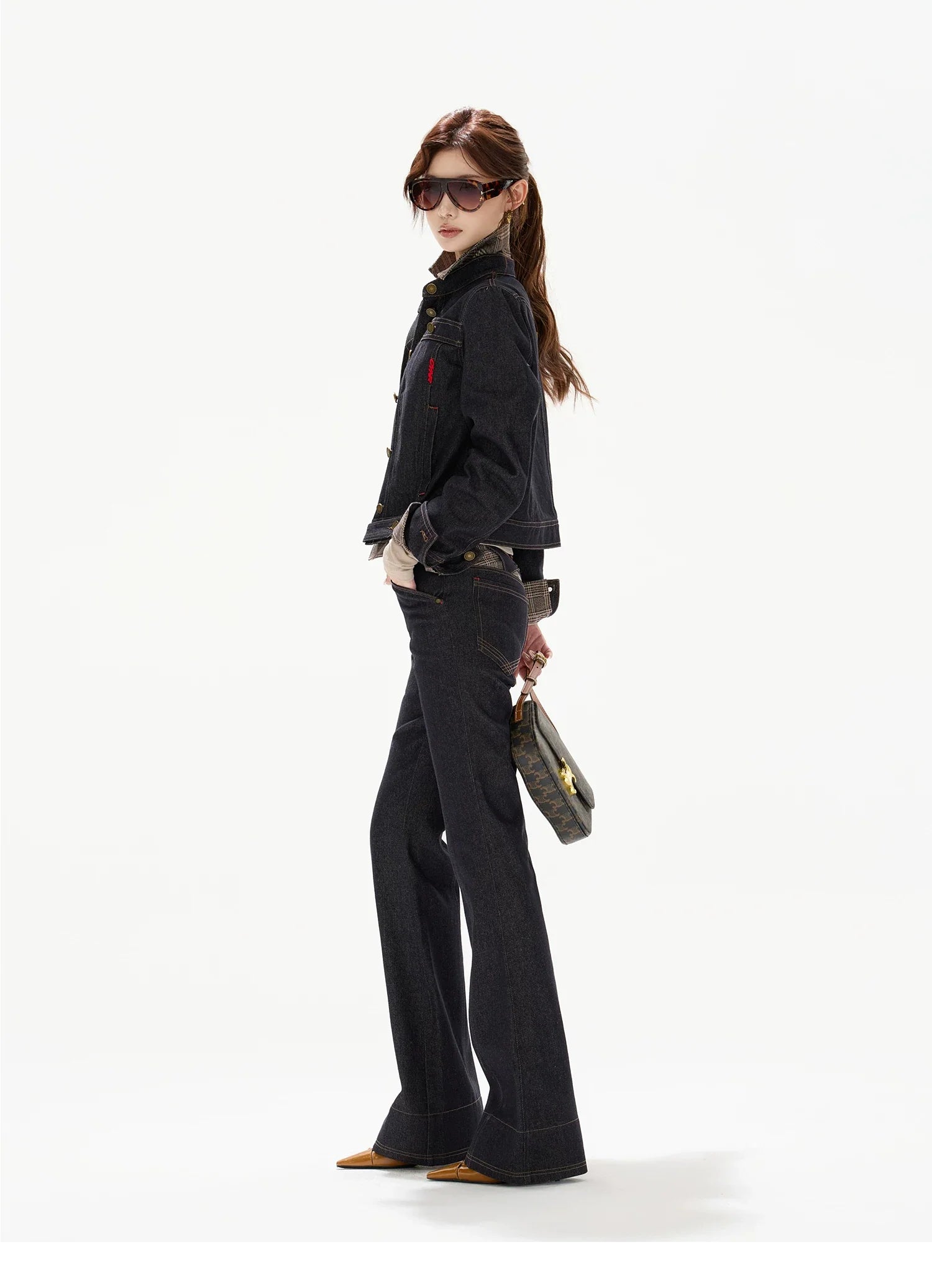 Plaid Mid-Rise Flared Wide-Leg Jeans