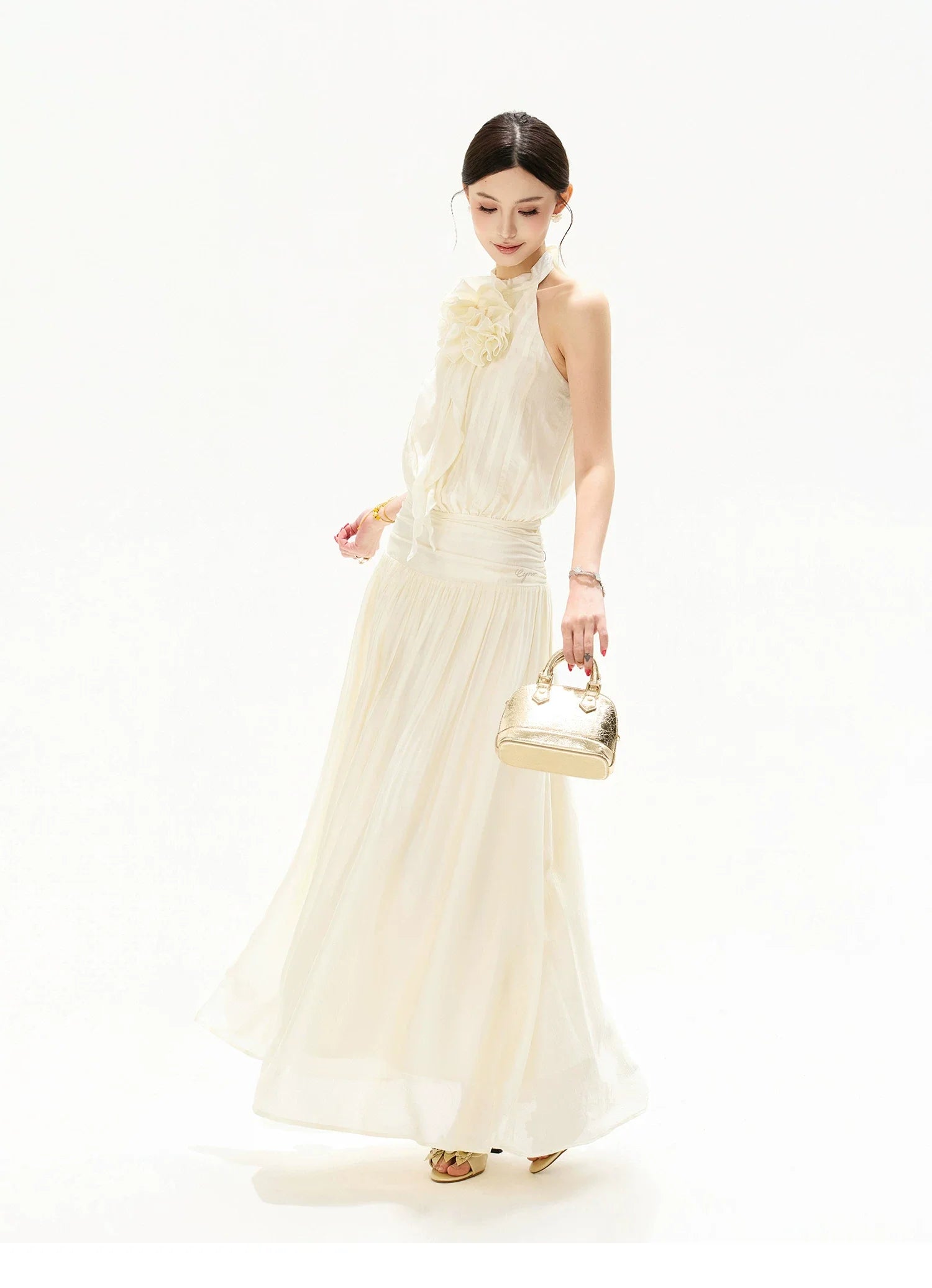 Floral Halterneck Draped Maxi Dress