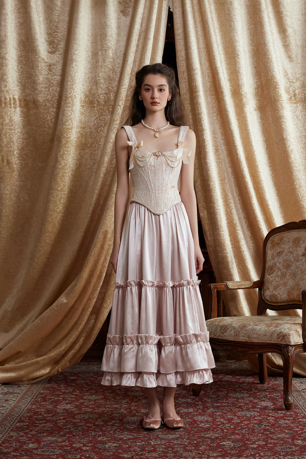 Jacquard Corset Top & Satin Ruffle Skirt Set