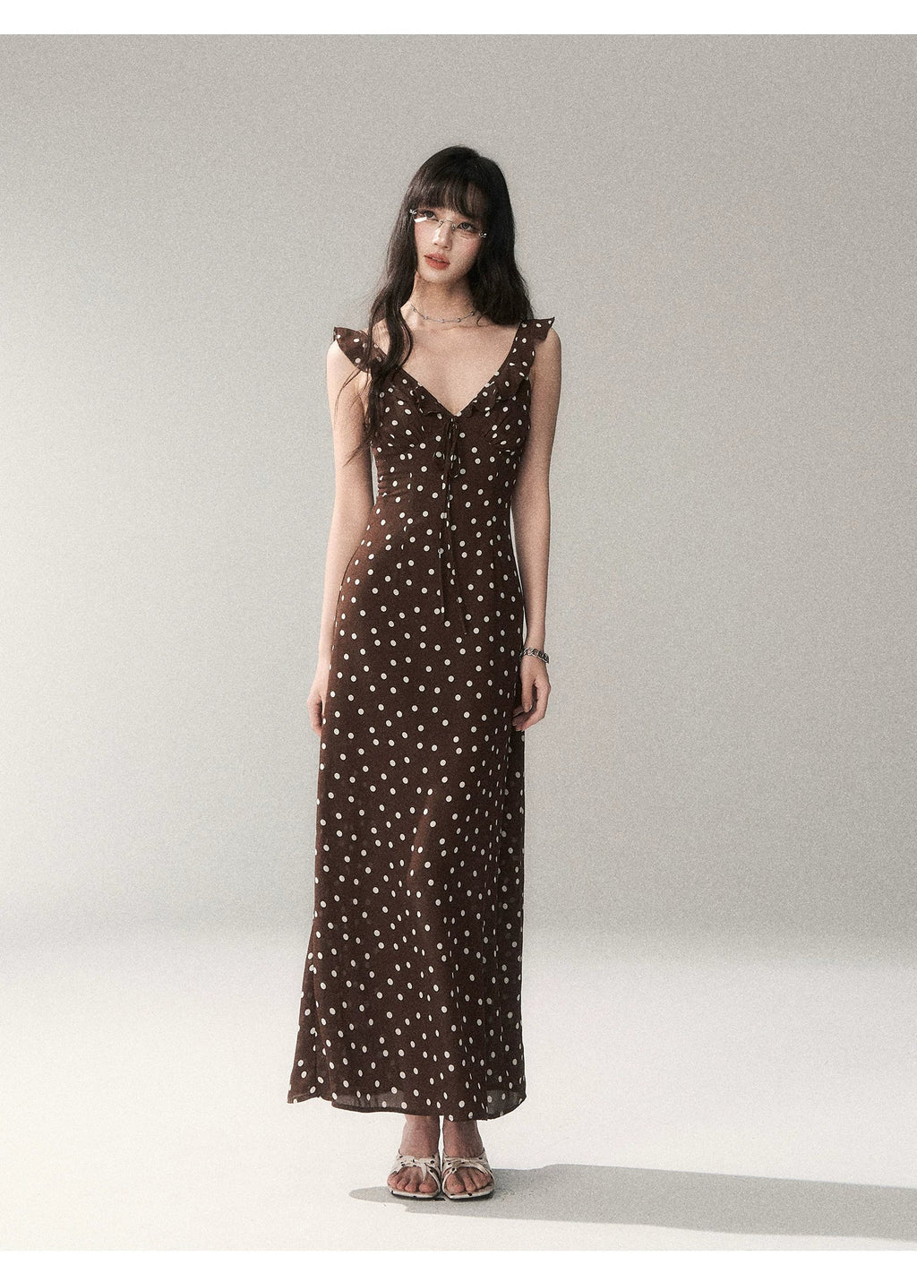 Chocolate Polka Dot French Slim-Fit Slip Maxi Dress
