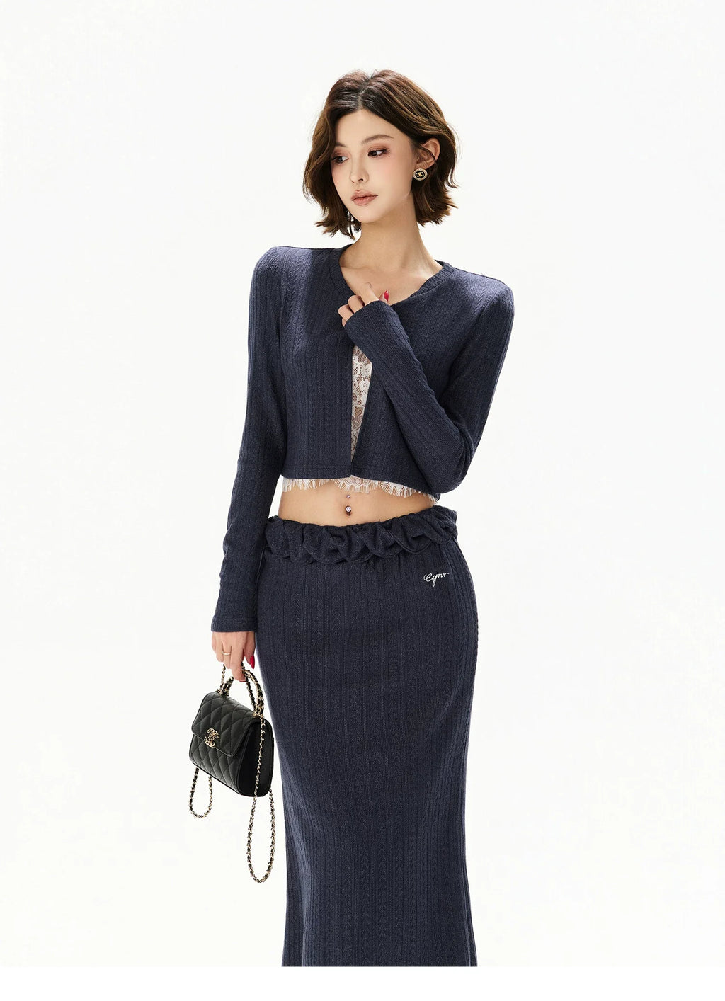Navy Lace Panel Two-Piece Knit Set