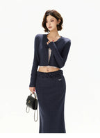 Navy Lace Panel Two-Piece Knit Set