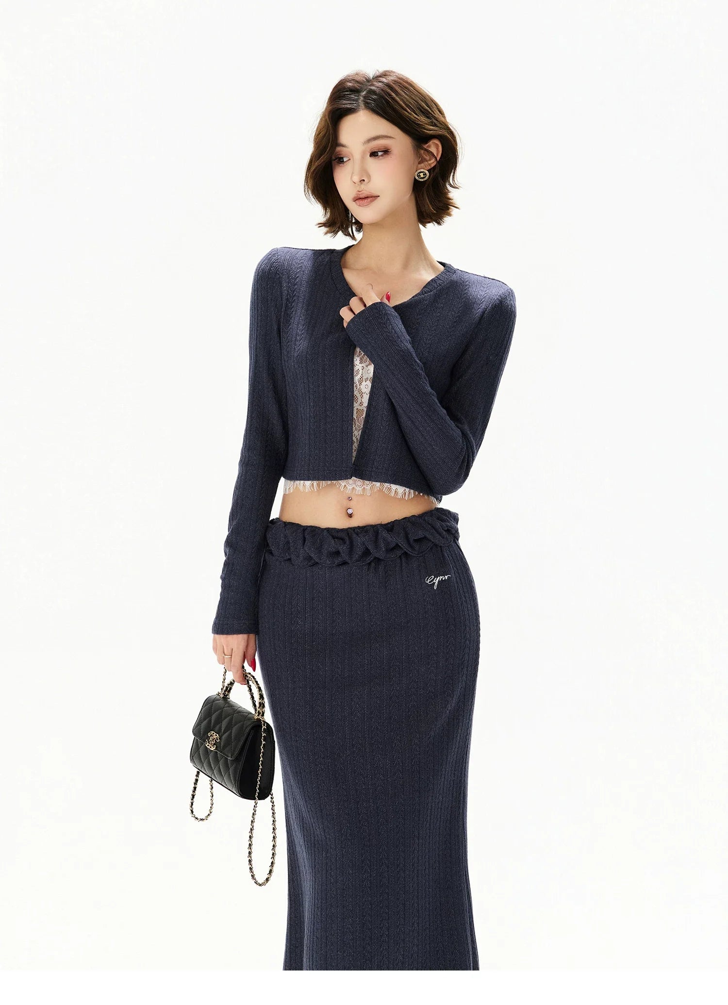 Navy Lace Panel Two-Piece Knit Set