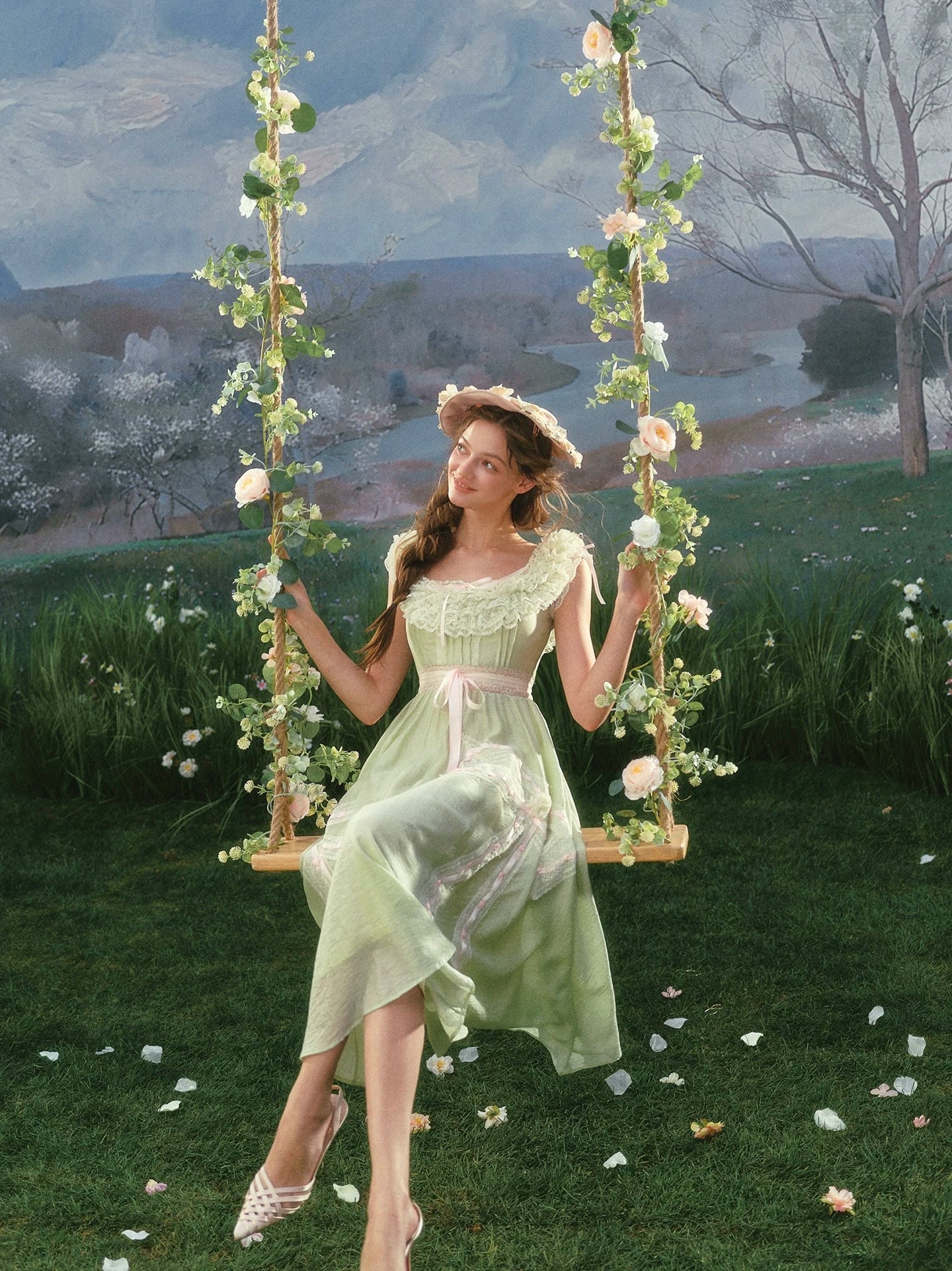 Green Kite Off-Shoulder Lace Fairy Dress