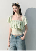 Mint Dream Shimmer Off-Shoulder T-Shirt