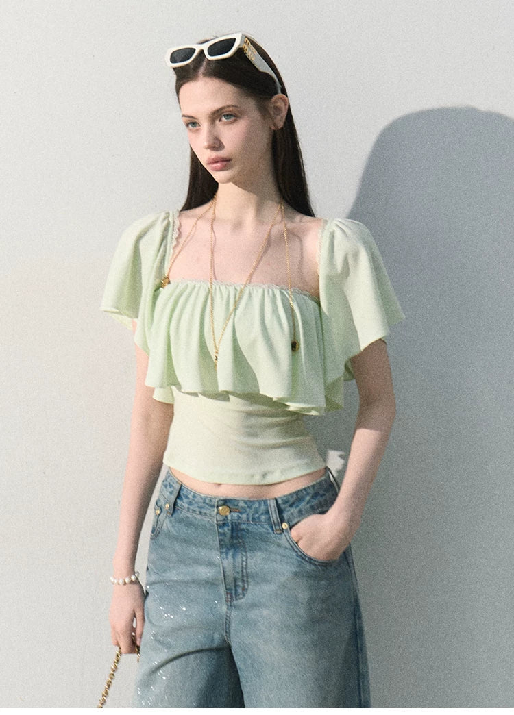 Mint Dream Shimmer Off-Shoulder T-Shirt