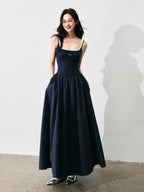 Contrast-Trim Backless Slip Maxi Dress