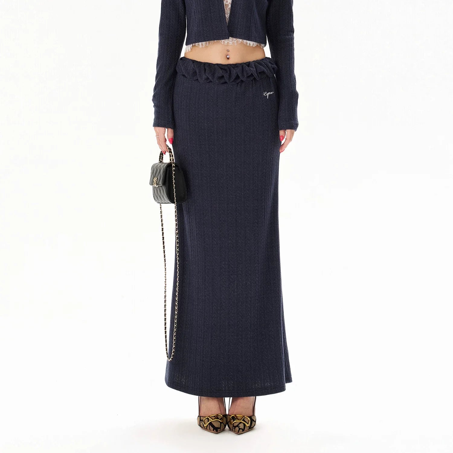 Navy Lace Panel Two-Piece Knit Set