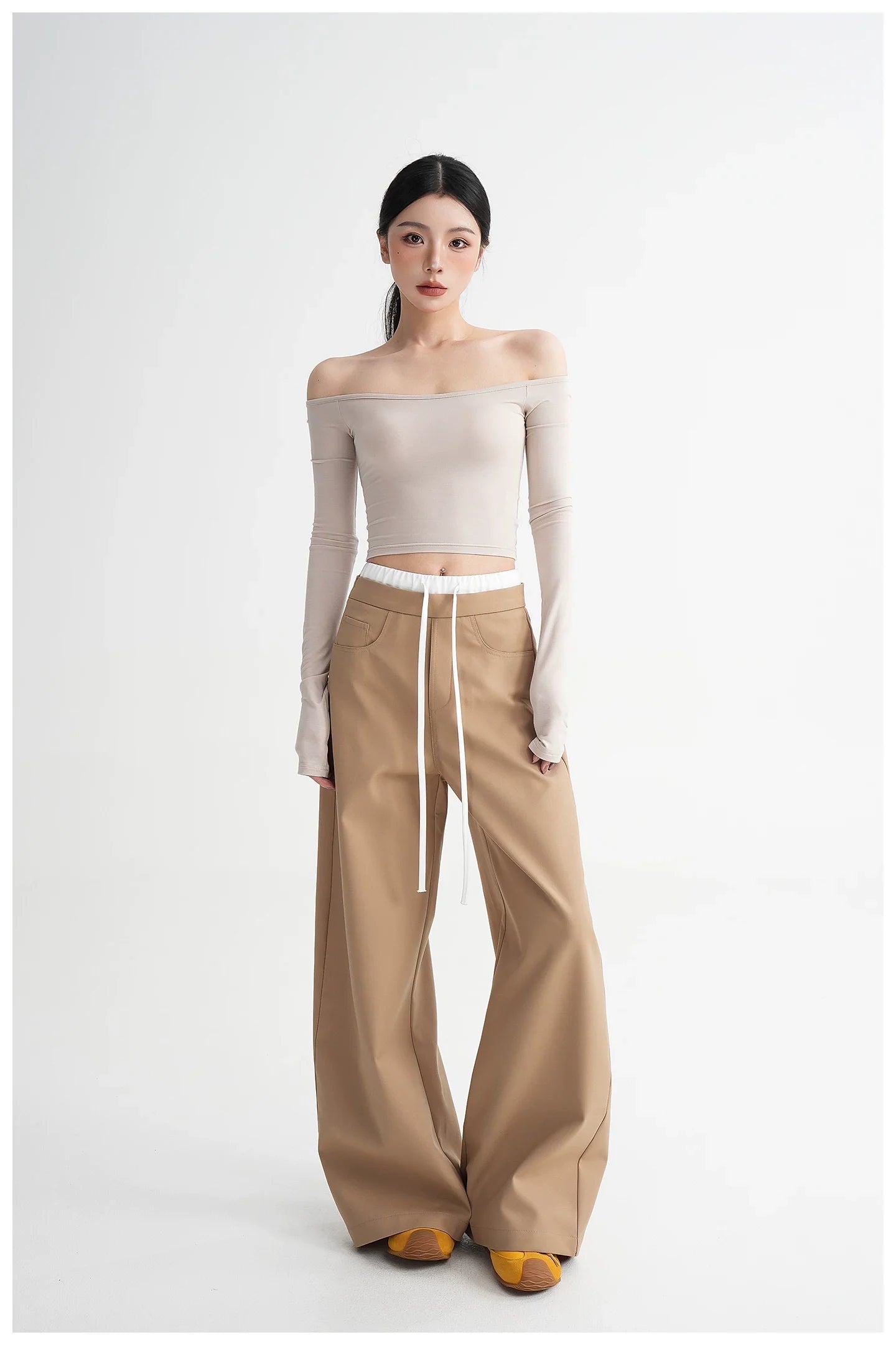 Off-Shoulder Cropped Fitted Long Sleeve T-Shirt