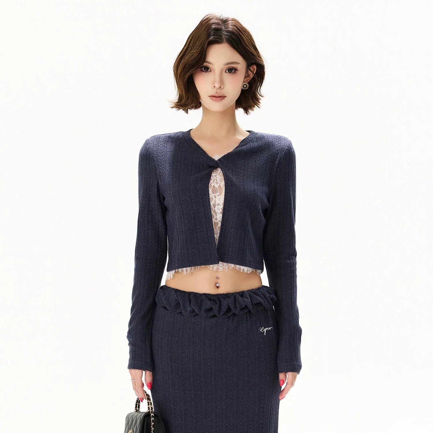 Navy Lace Panel Two-Piece Knit Set