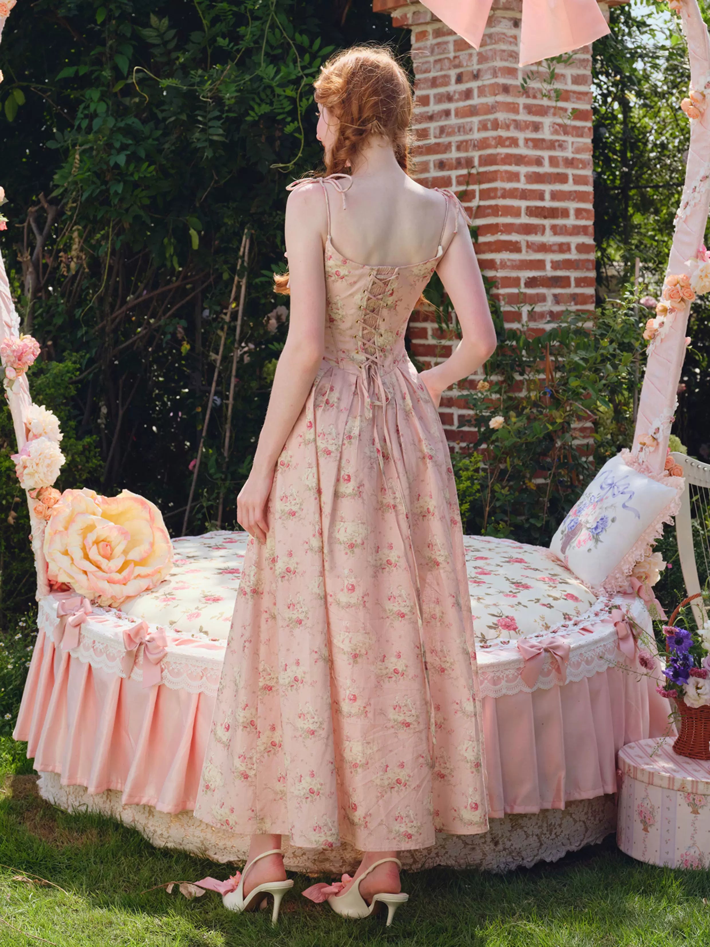 French Sweet Floral Corset Slip Pink Dress