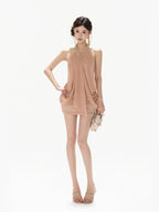 Vintage Heiress Halterneck Mesh Chiffon Ruched Bodycon Mini Dress