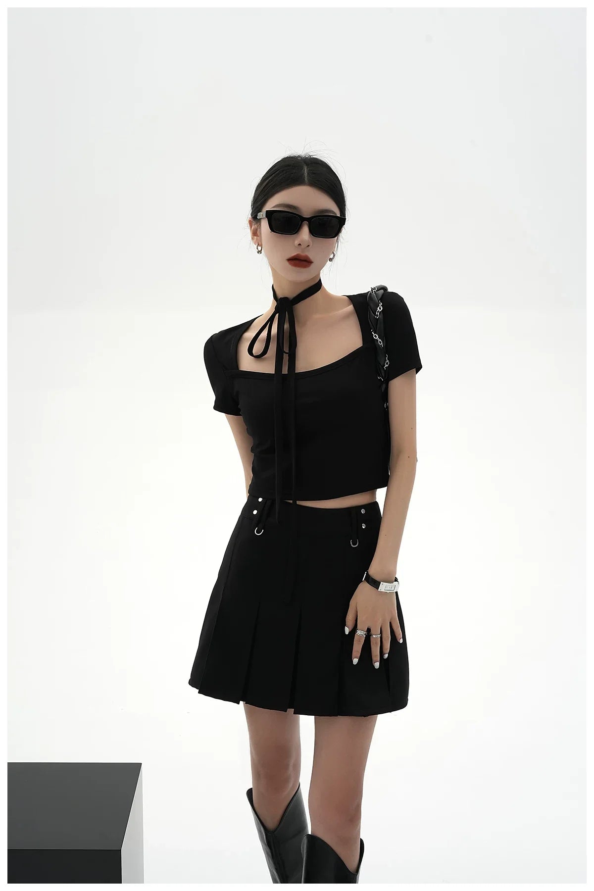 Tie-Detail Square-Neck Cropped T-Shirt