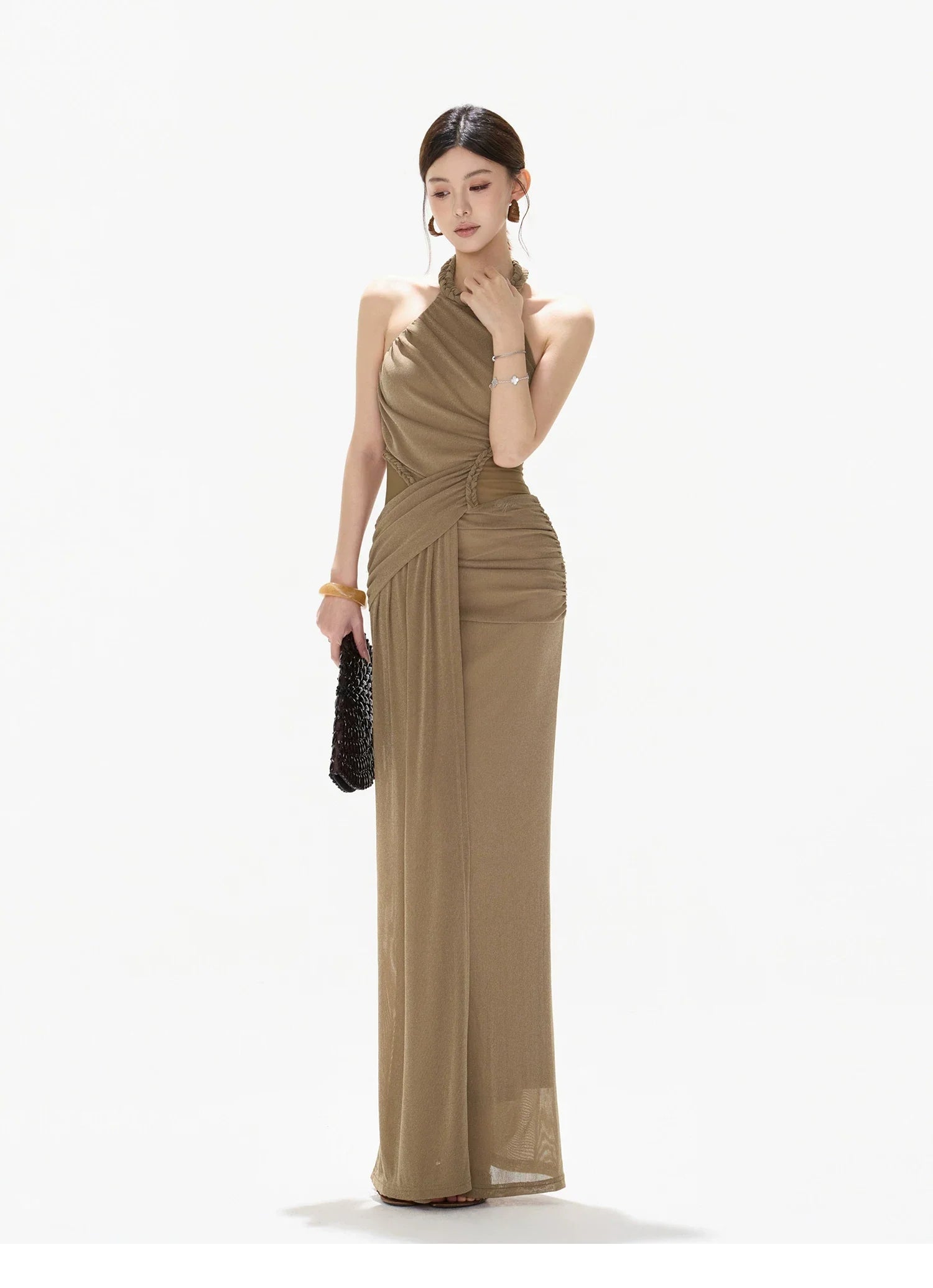 Elegant Ruched Mesh Halter Evening Dress